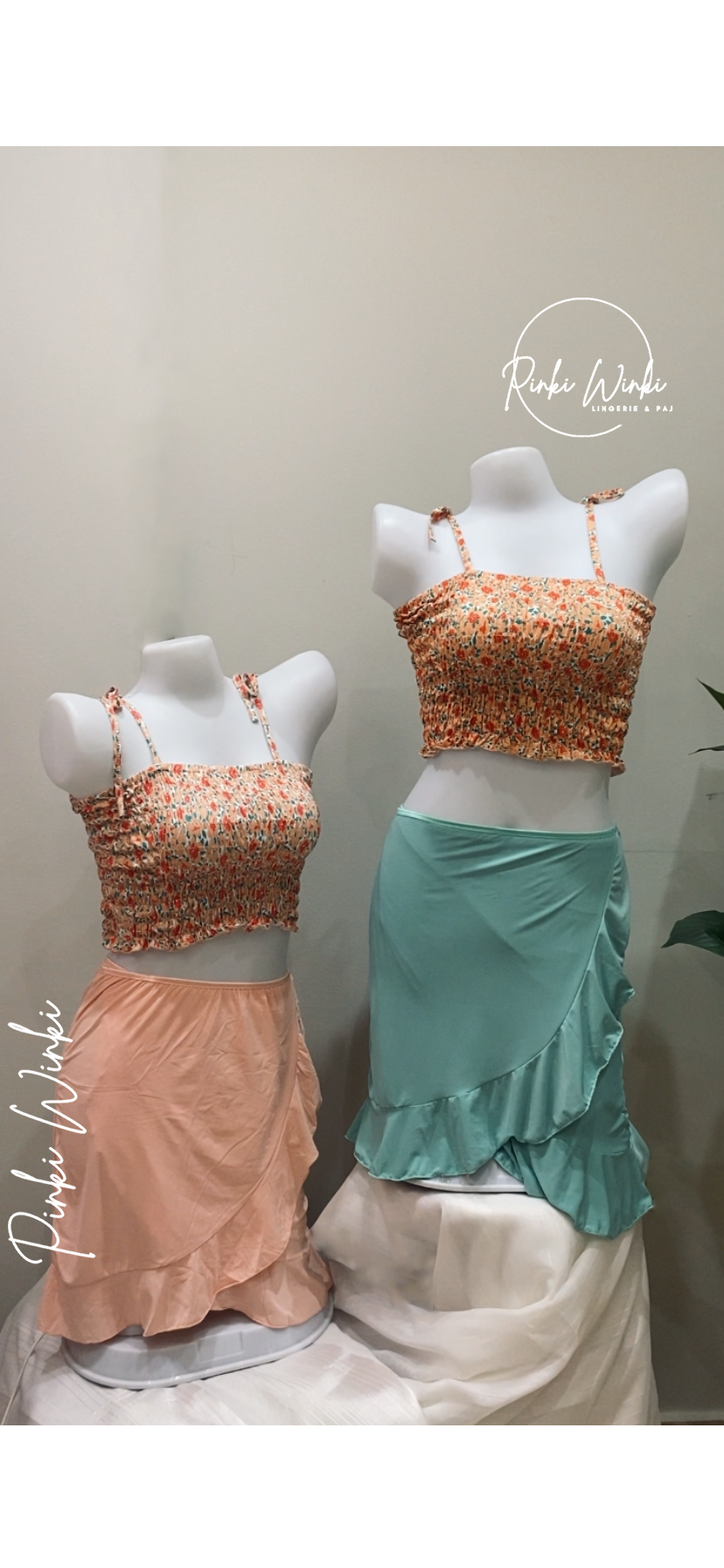 طقم توب برتقالي وتنورة طويلة نعناع/وردي