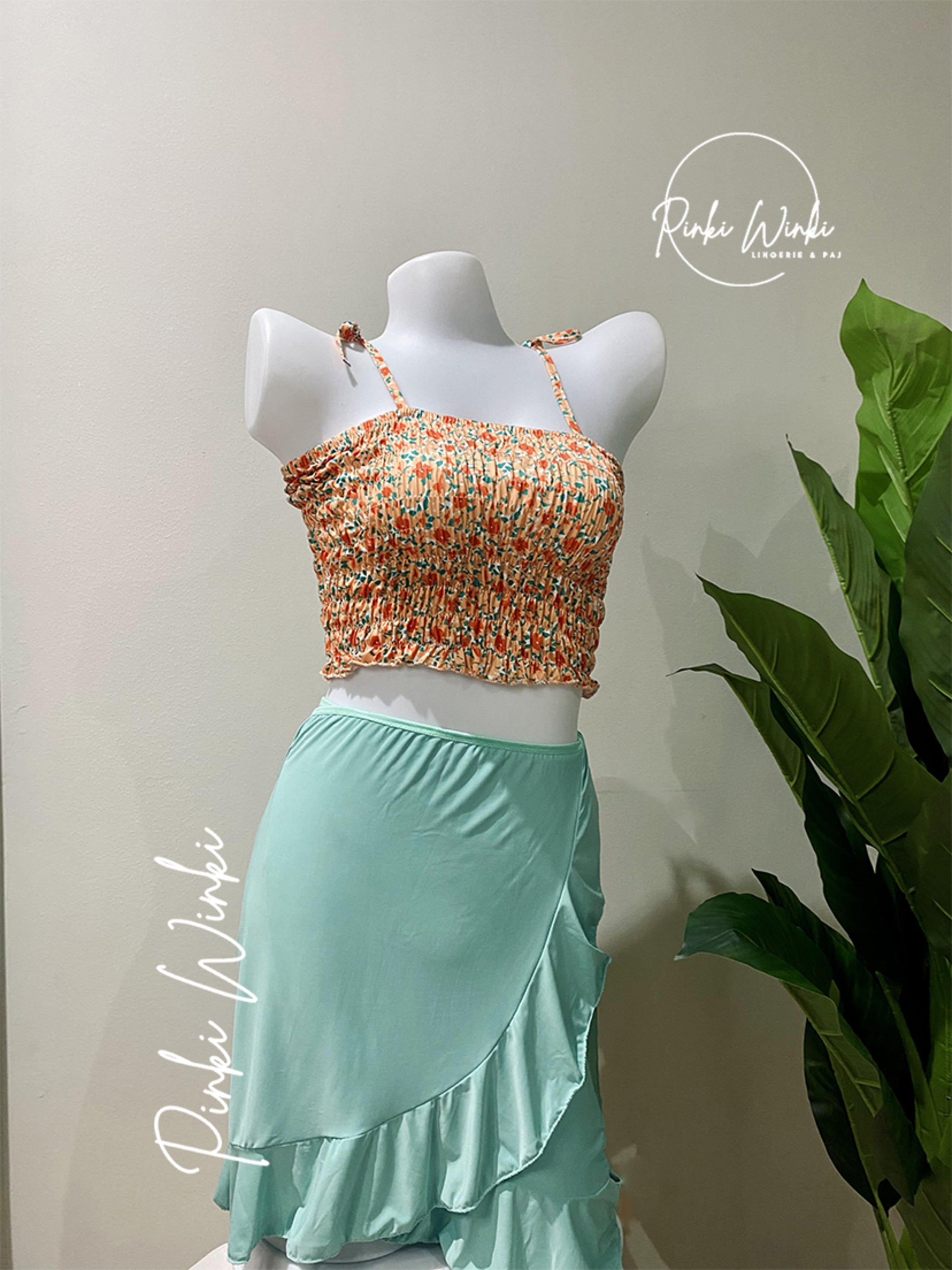 طقم توب برتقالي وتنورة طويلة نعناع/وردي