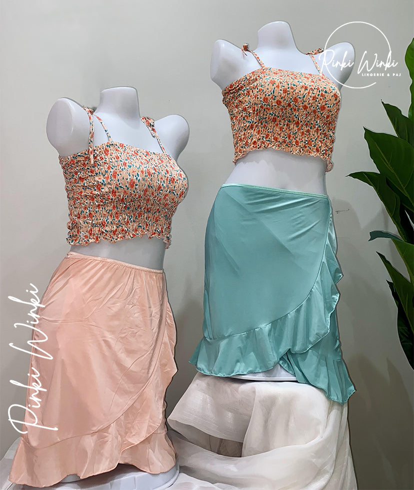 طقم توب برتقالي وتنورة طويلة نعناع/وردي