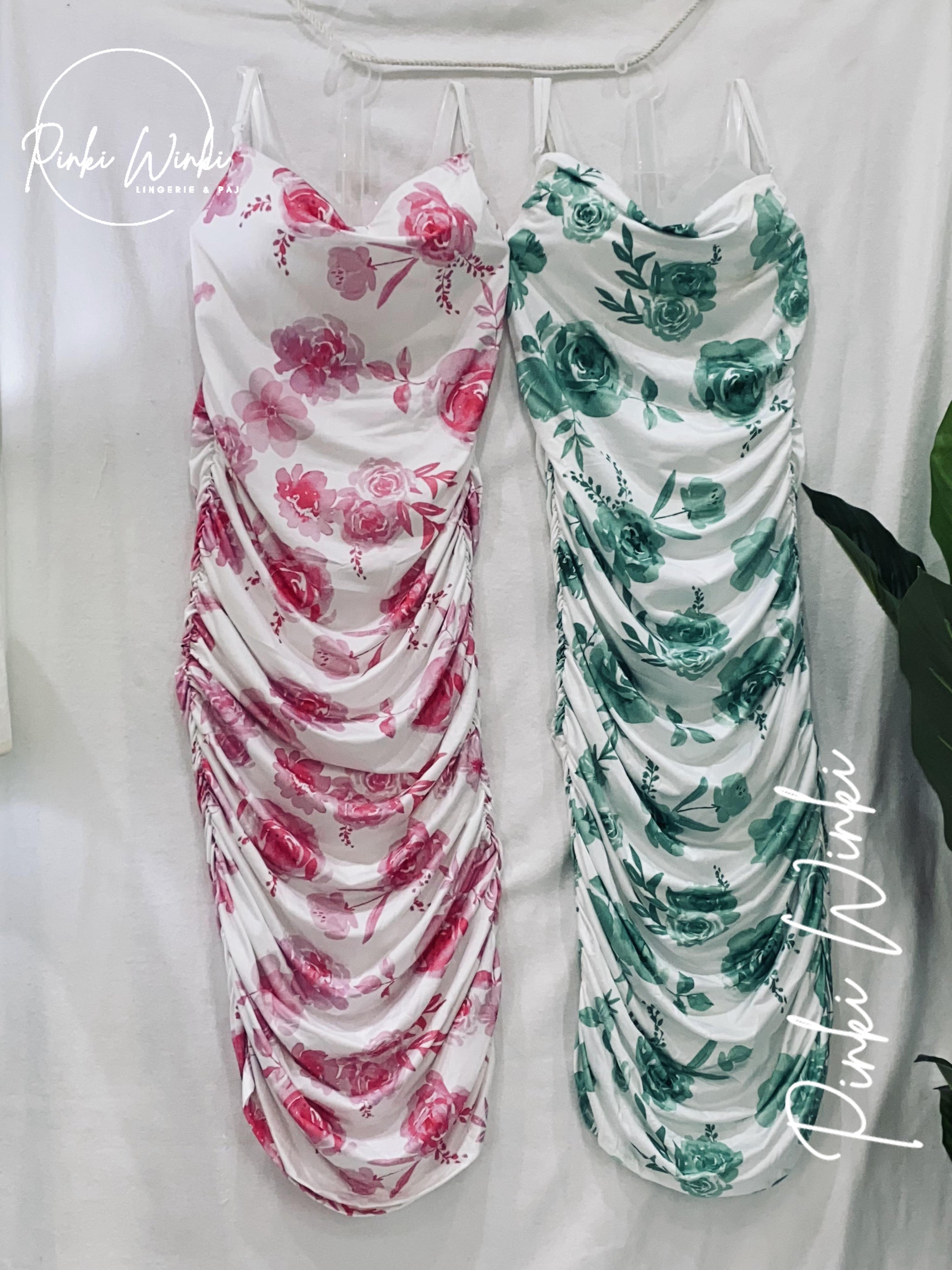 فستان مزهر وردي/أخضر