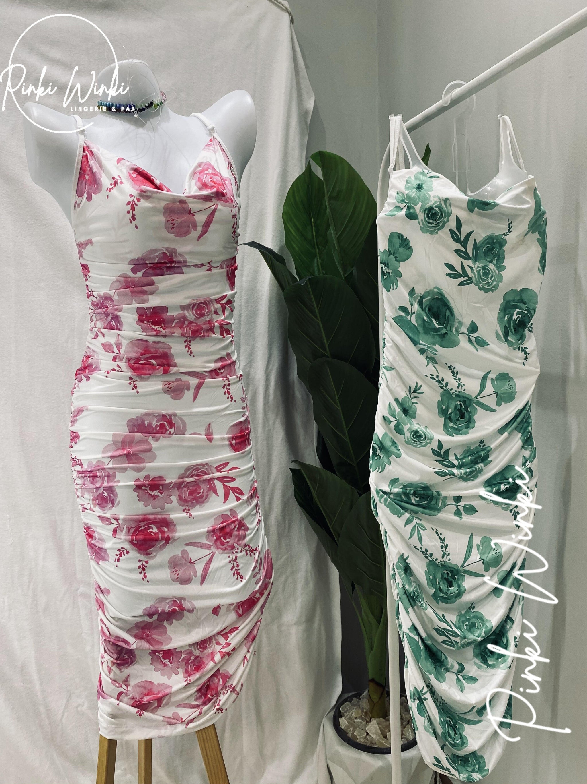 فستان مزهر وردي/أخضر