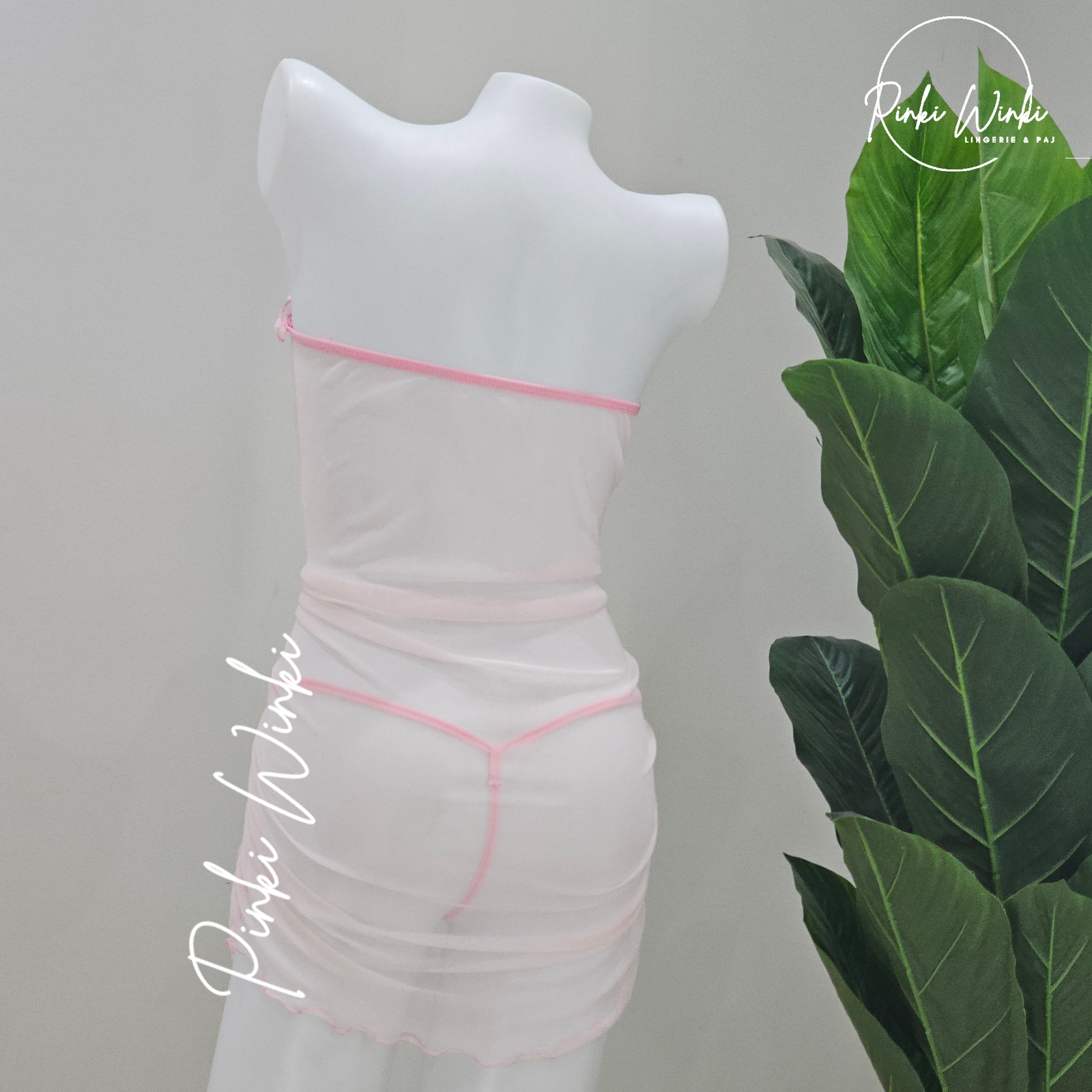 فستان لانجري قصير تول وردي دانتيل