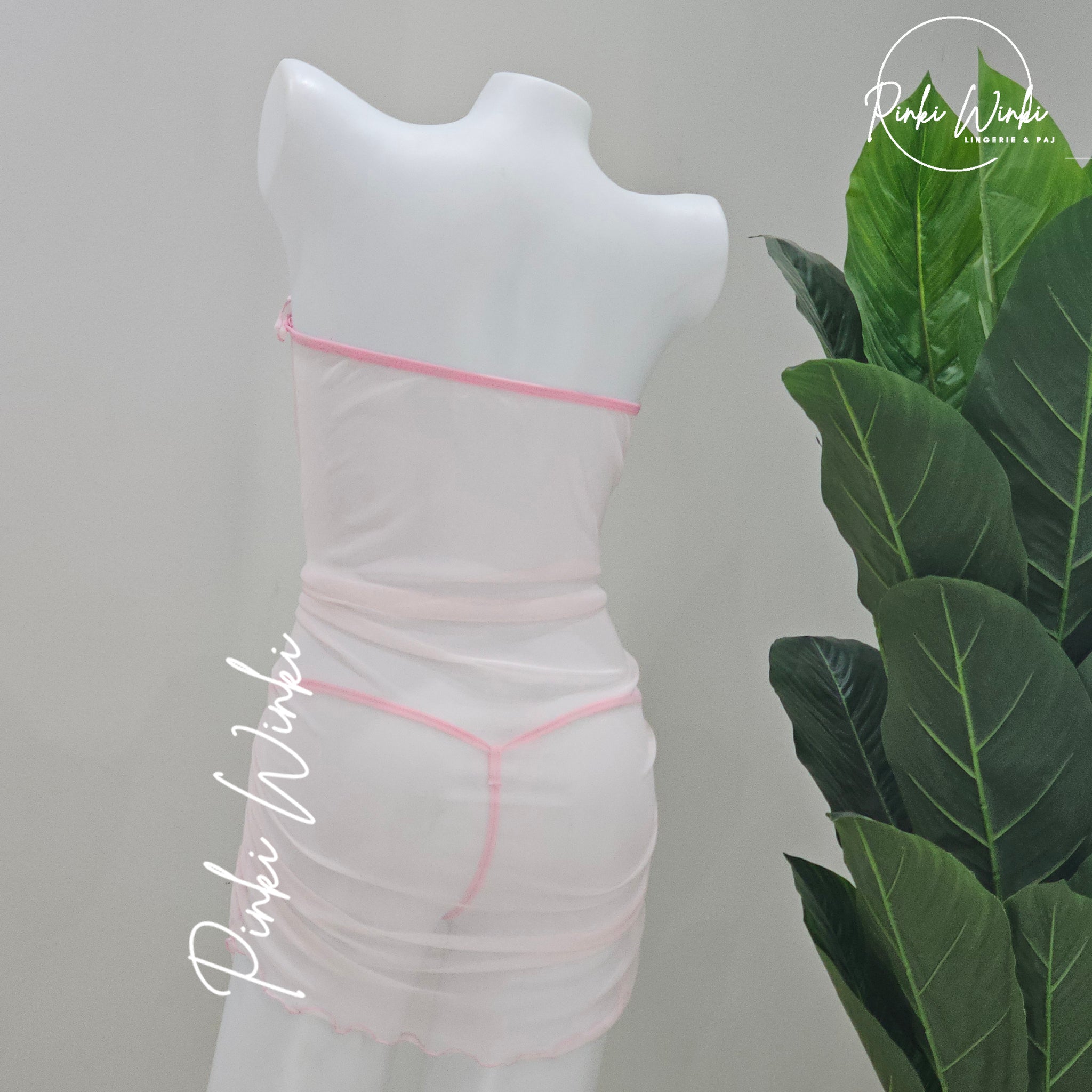 فستان لانجري قصير تول وردي دانتيل