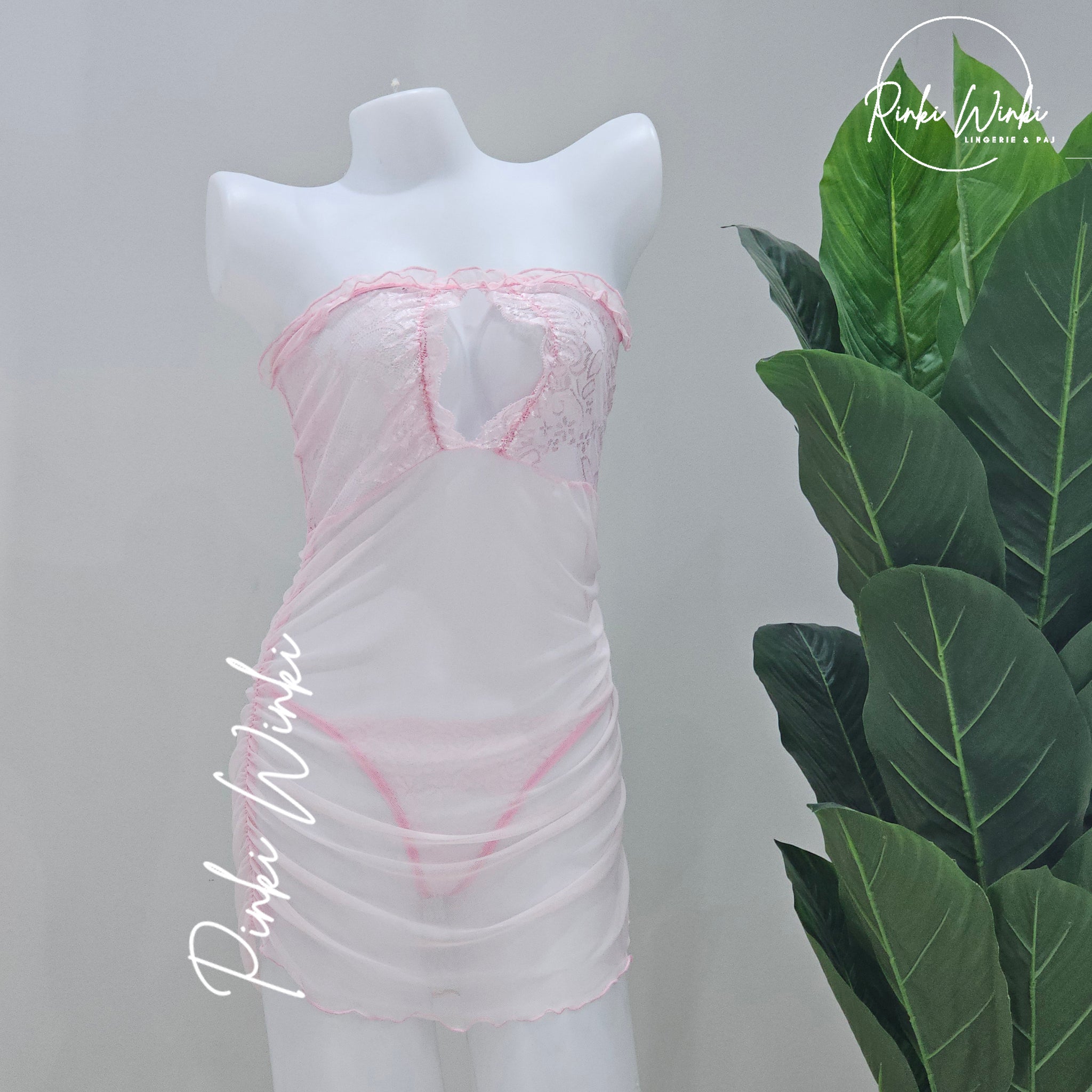 فستان لانجري قصير تول وردي دانتيل