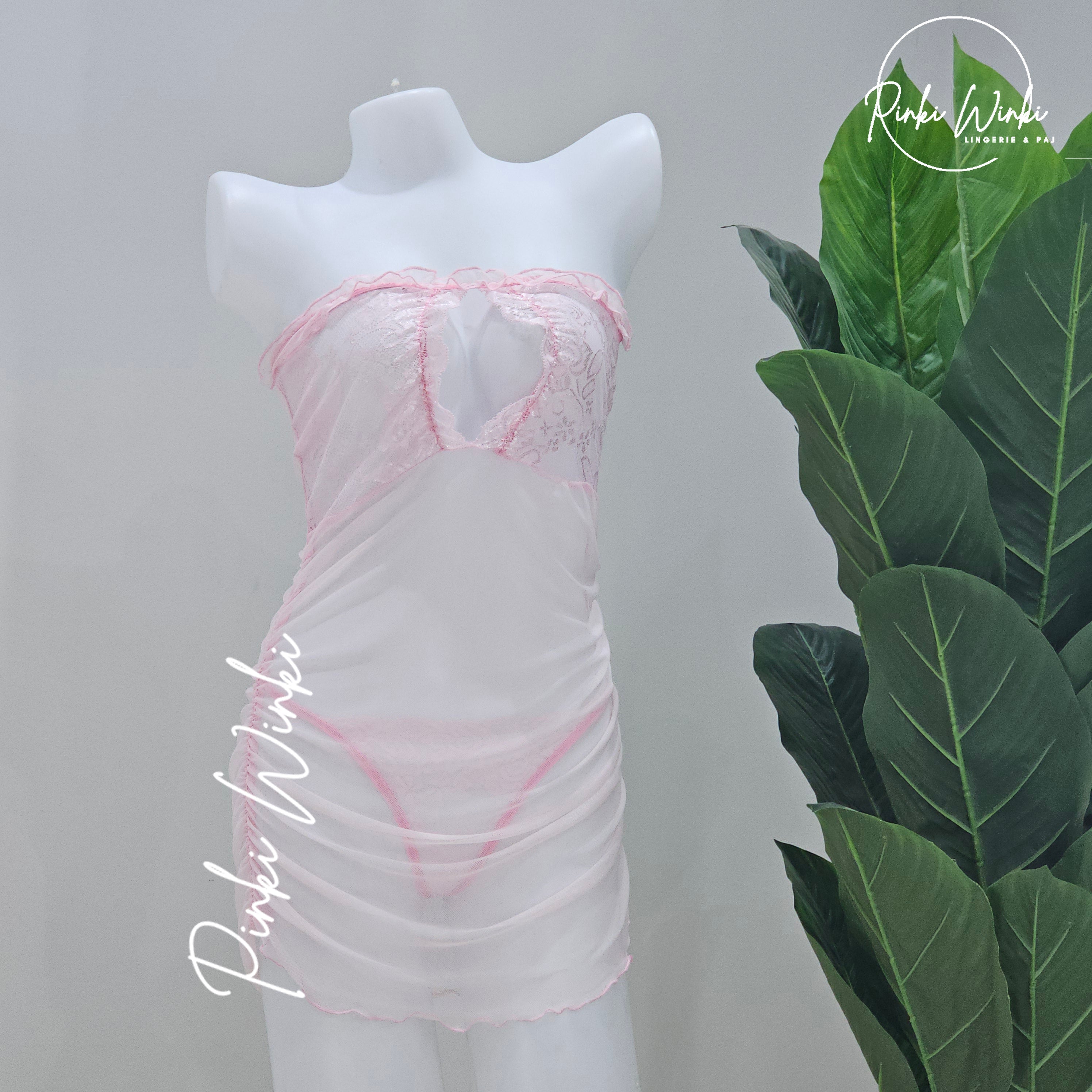 فستان لانجري قصير تول وردي دانتيل